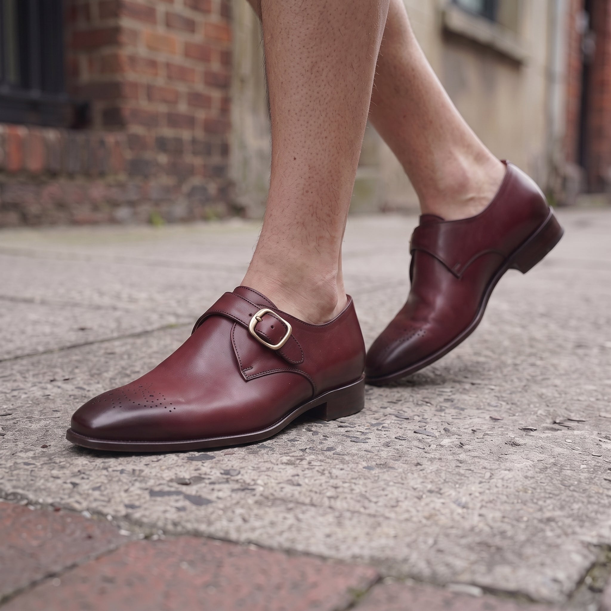 Men's Burgundy Medallion-Toe Leather Monk Strap Shoes — Creighton