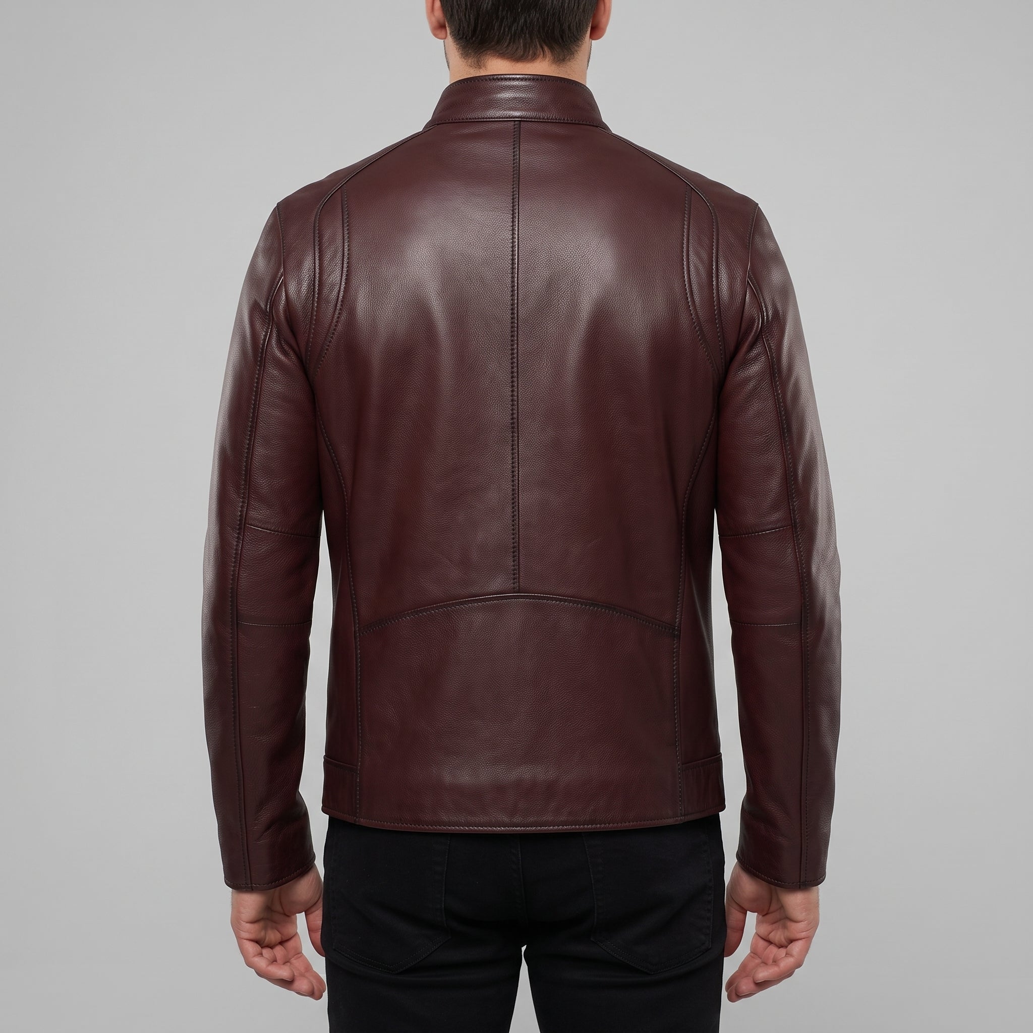 Men's Burgundy Pebbled Leather Cafe Racer Jacket — Vaughan