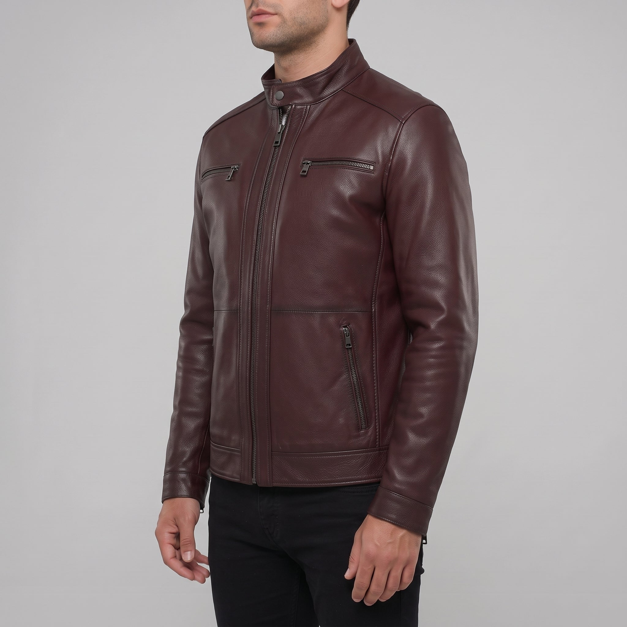 Men's Burgundy Pebbled Leather Cafe Racer Jacket — Vaughan