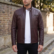 Men's Burgundy Pebbled Leather Cafe Racer Jacket — Vaughan