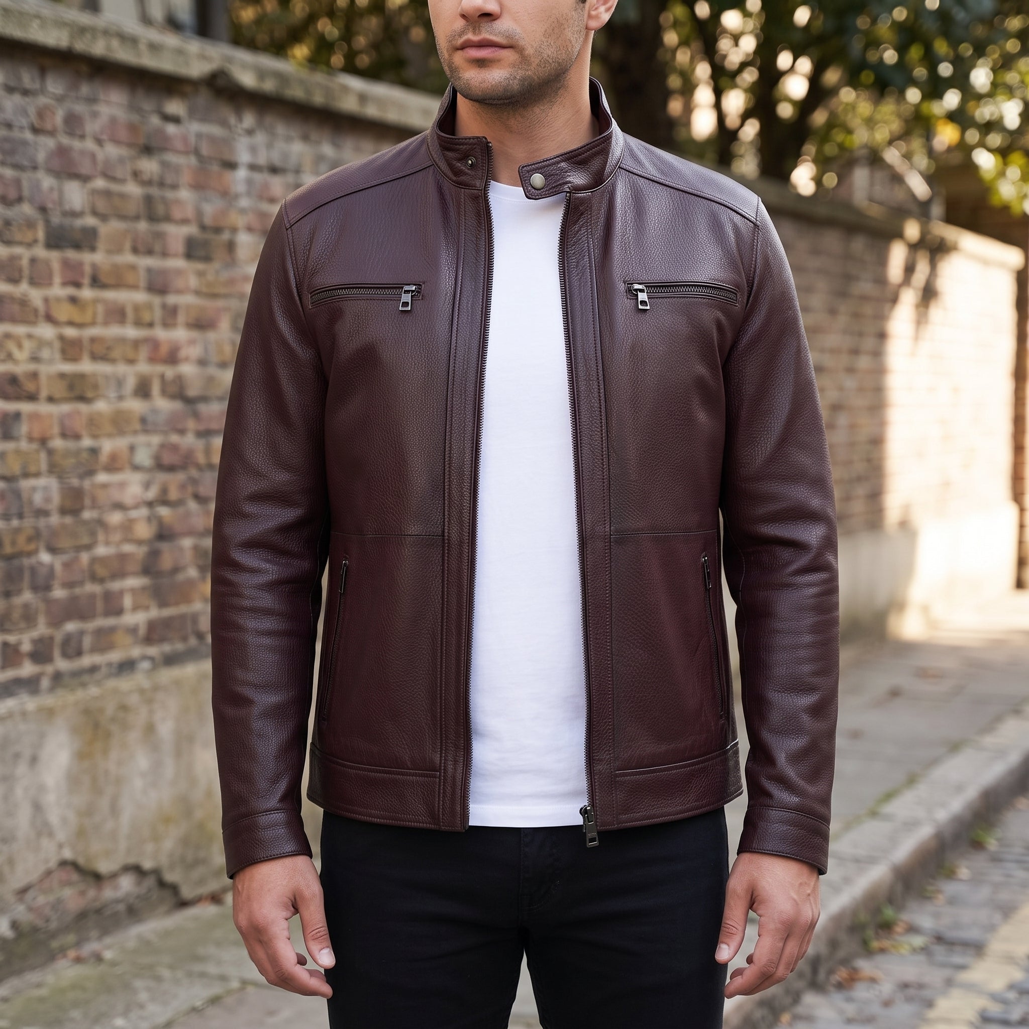 Men's Burgundy Pebbled Leather Cafe Racer Jacket — Vaughan