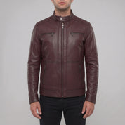 Men's Burgundy Pebbled Leather Cafe Racer Jacket — Vaughan