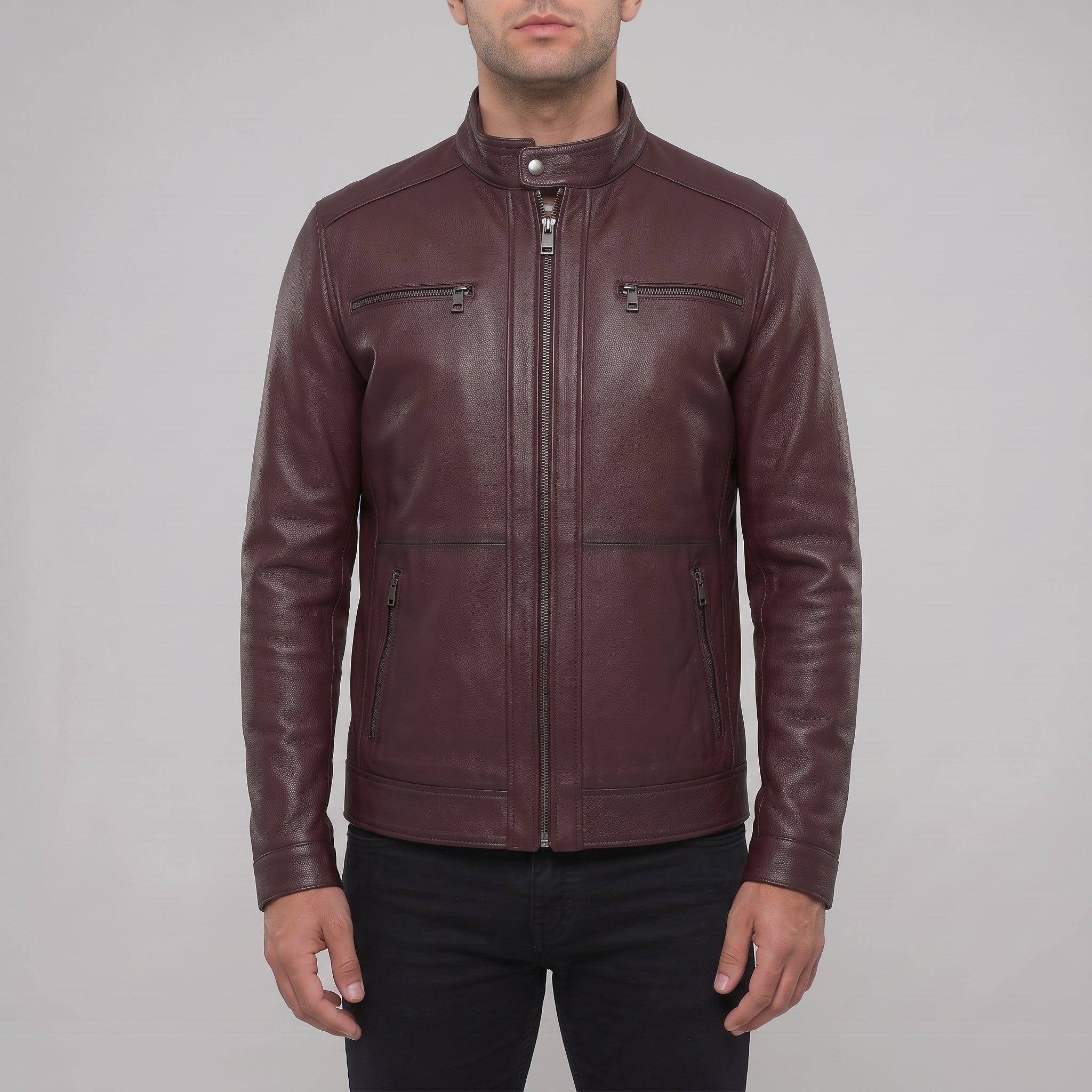 Men's Burgundy Pebbled Leather Cafe Racer Jacket — Vaughan