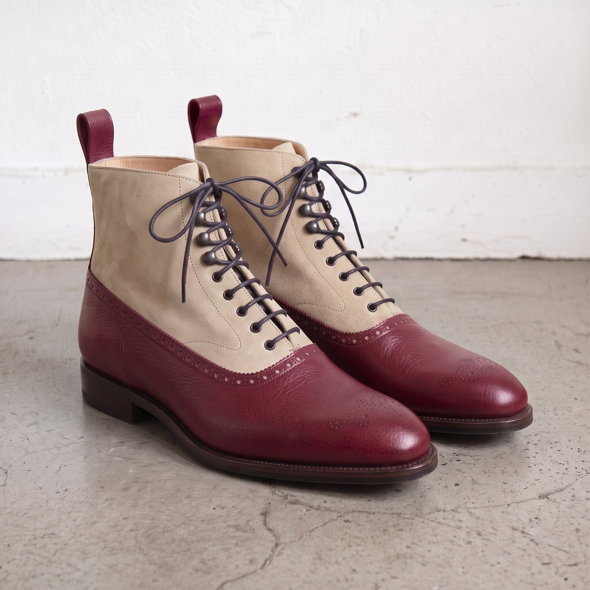 Men's Burgundy and Tan Leather Wingtip Oxford Boots — Binham