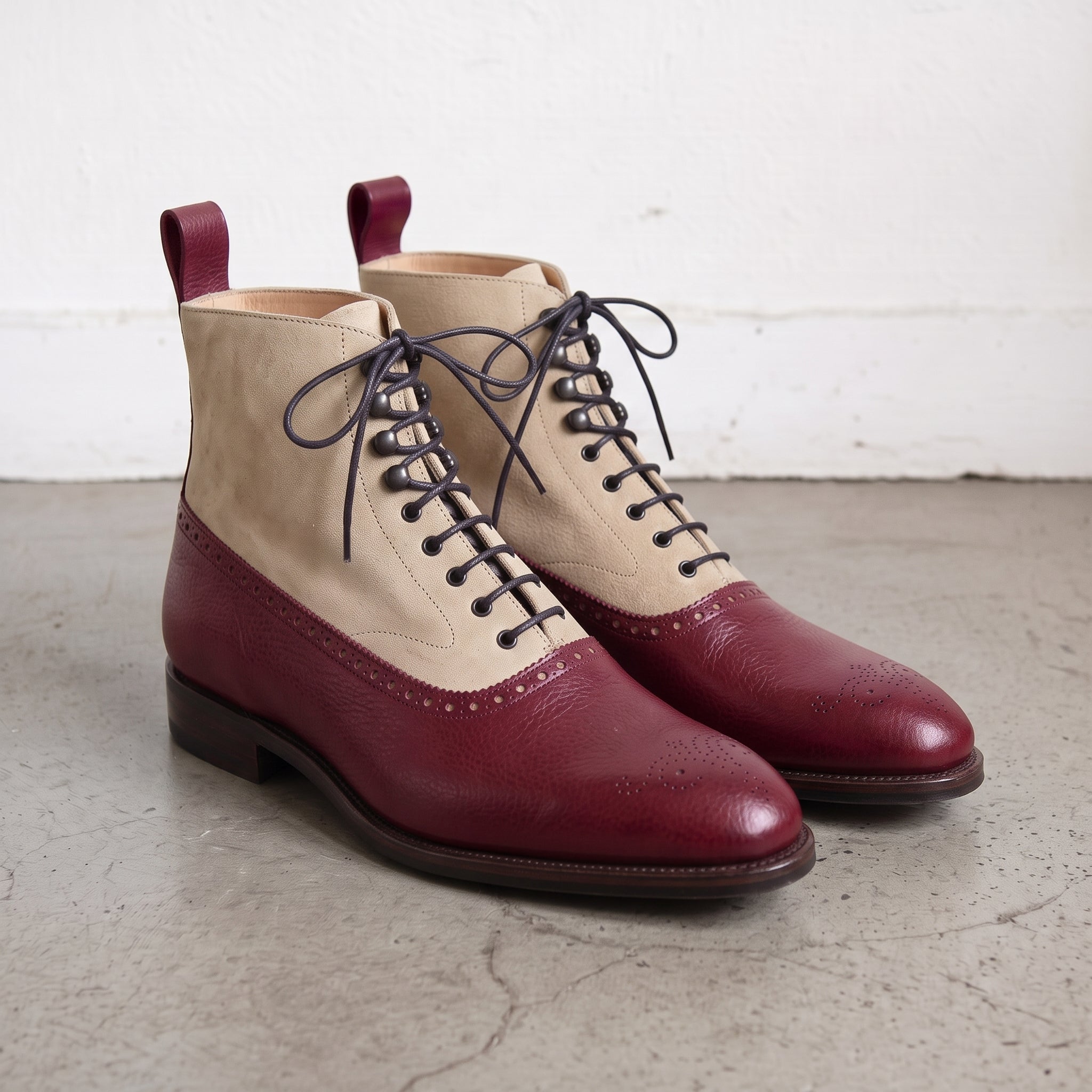 Men's Burgundy and Tan Leather Wingtip Oxford Boots — Binham