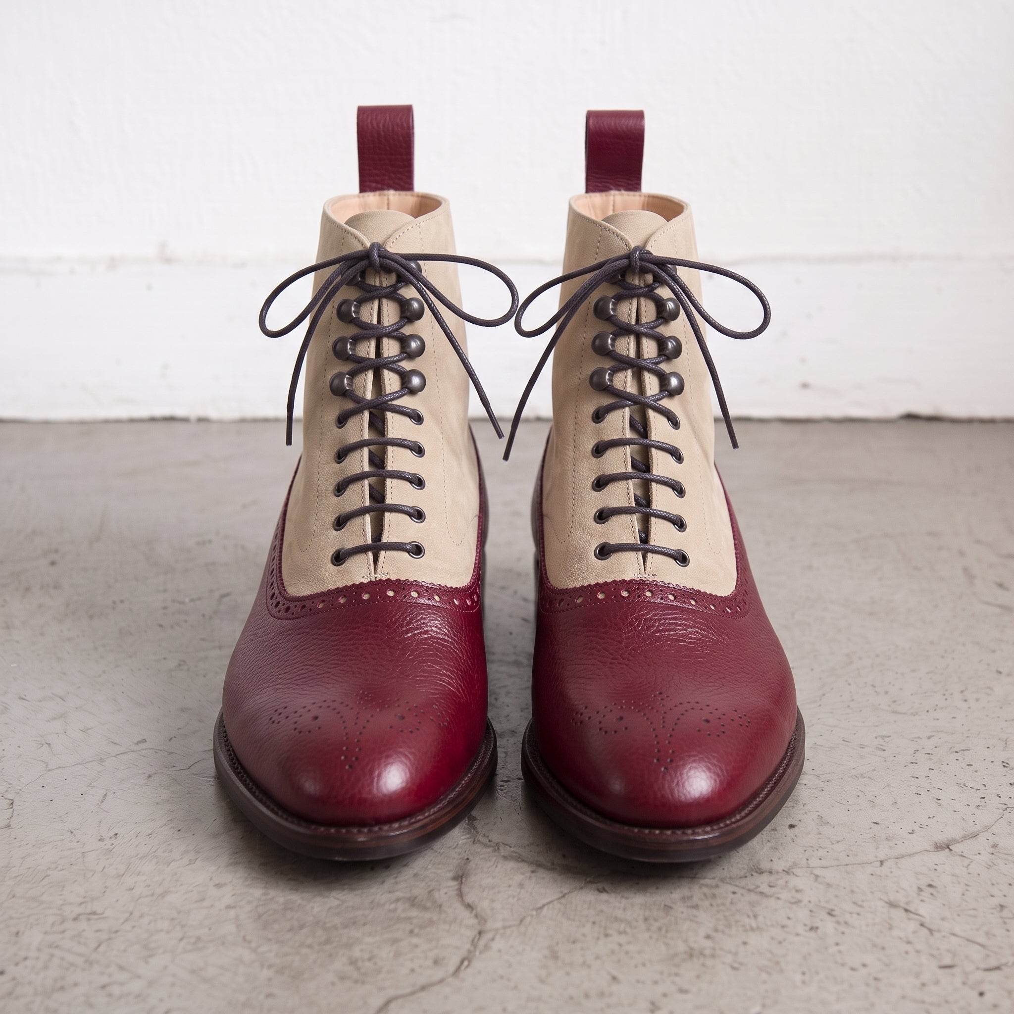 Men's Burgundy and Tan Leather Wingtip Oxford Boots — Binham