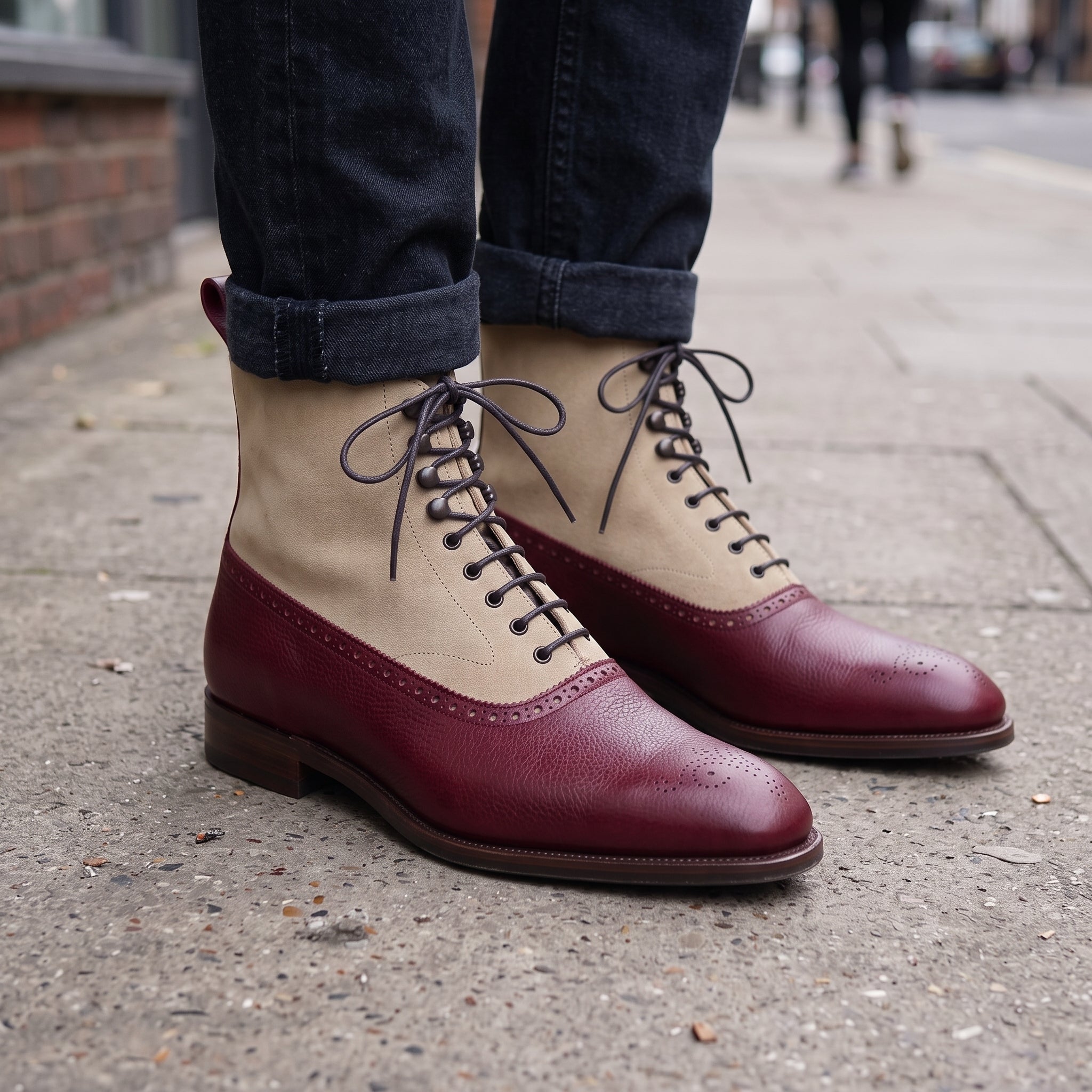 Men's Burgundy and Tan Leather Wingtip Oxford Boots — Binham