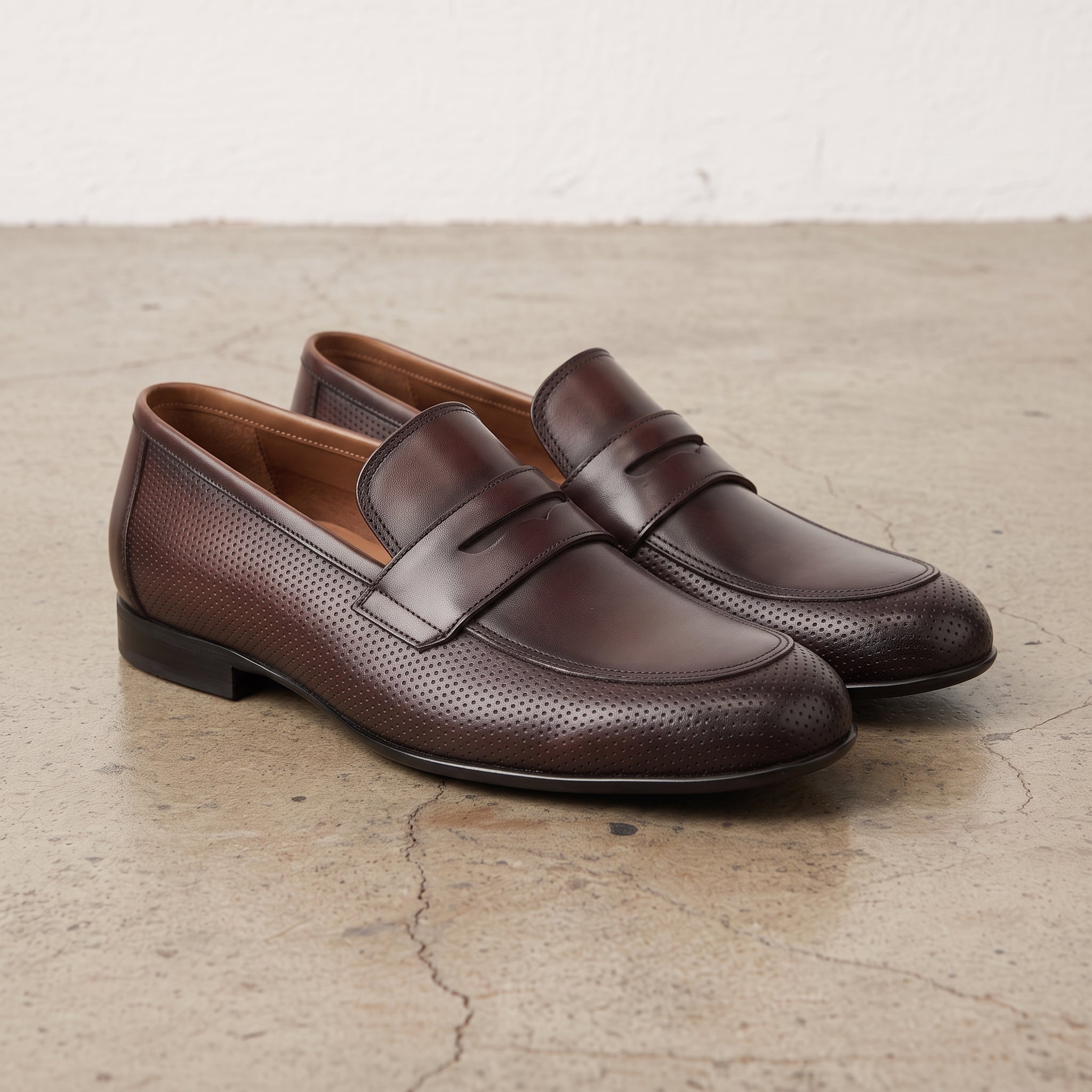 Men's Burgundy Perforated Leather Penny Loafers — Warwick