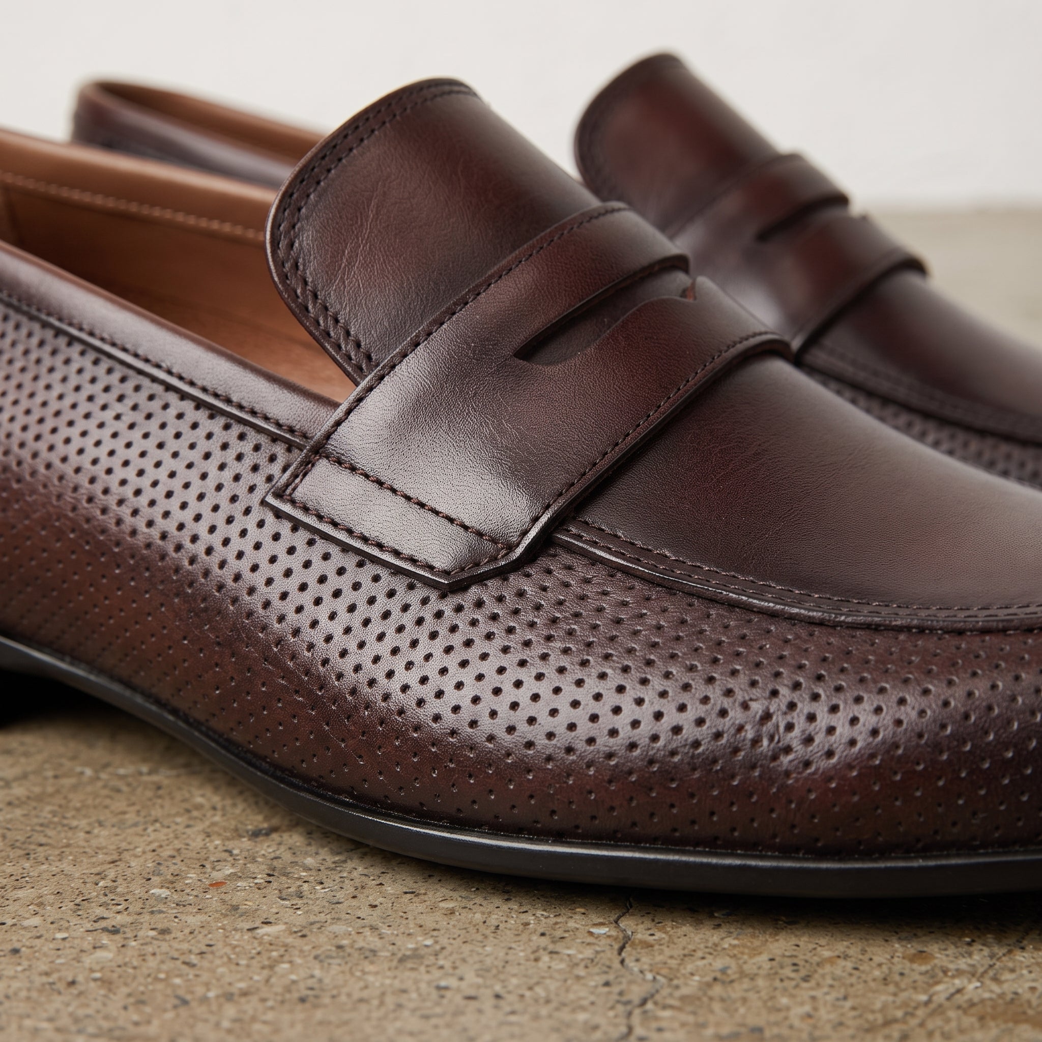 Men's Burgundy Perforated Leather Penny Loafers — Warwick