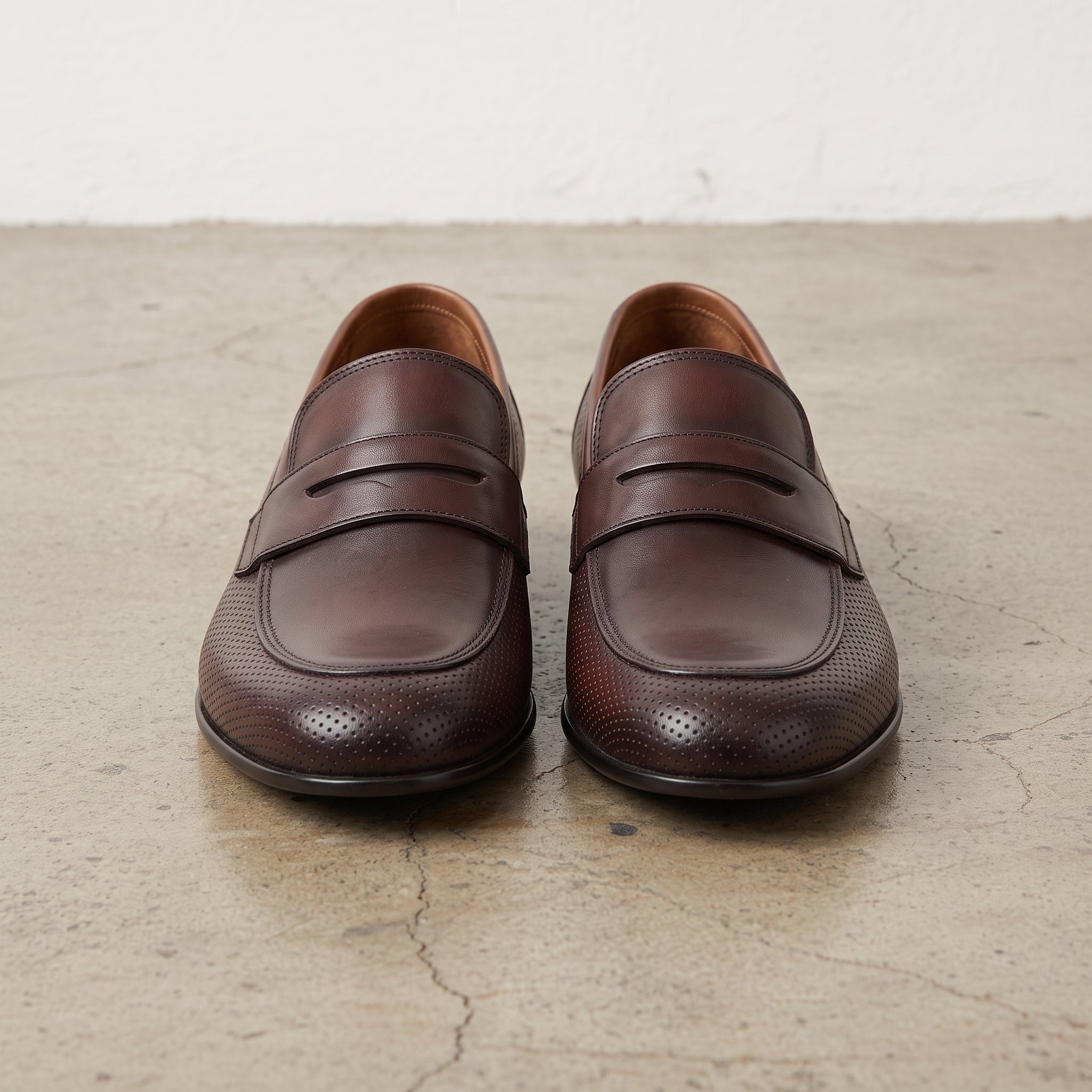 Men's Burgundy Perforated Leather Penny Loafers — Warwick
