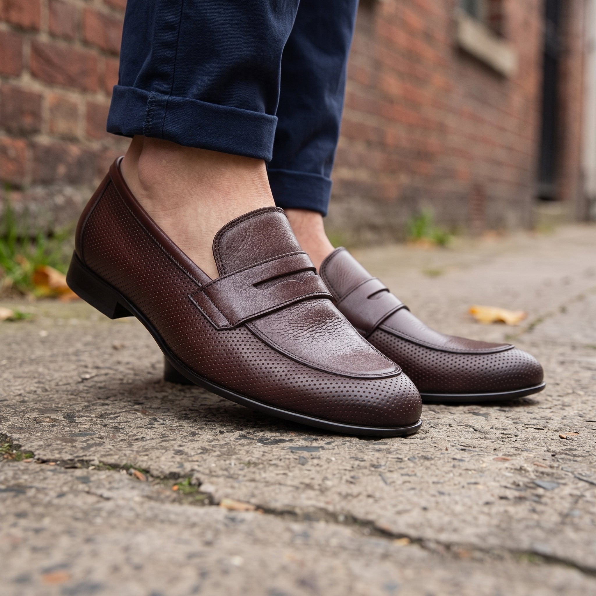 Men's Burgundy Perforated Leather Penny Loafers — Warwick