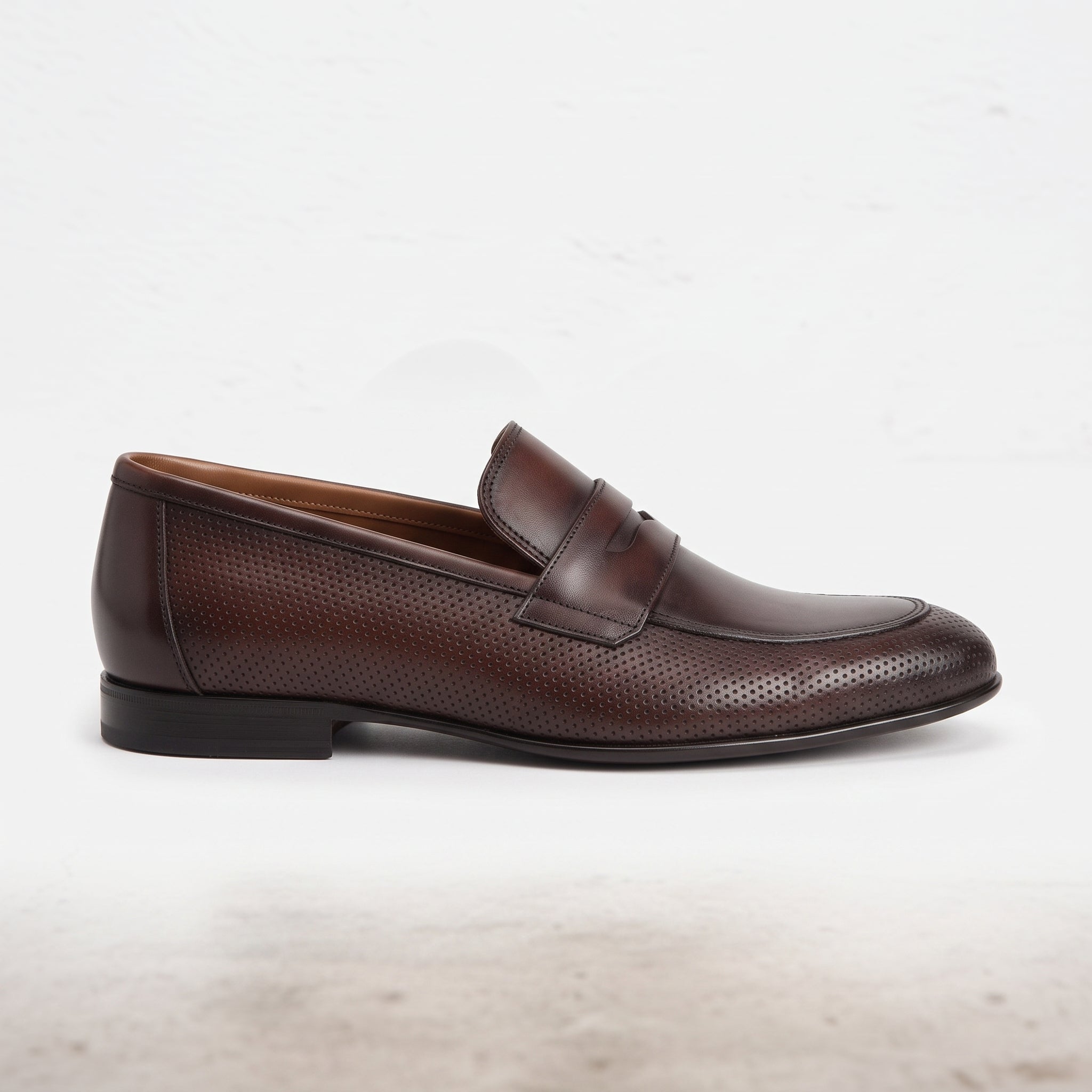 Men's Burgundy Perforated Leather Penny Loafers — Warwick
