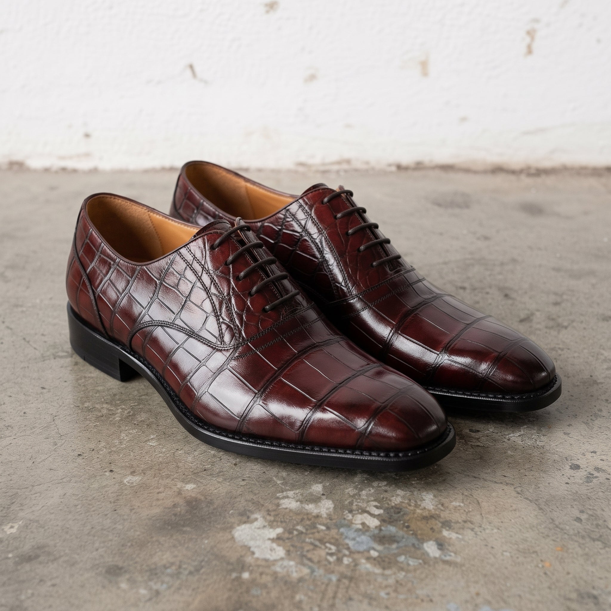Men's Burgundy Cap-Toe Crocodile-Embossed Leather Oxfords — Bingley