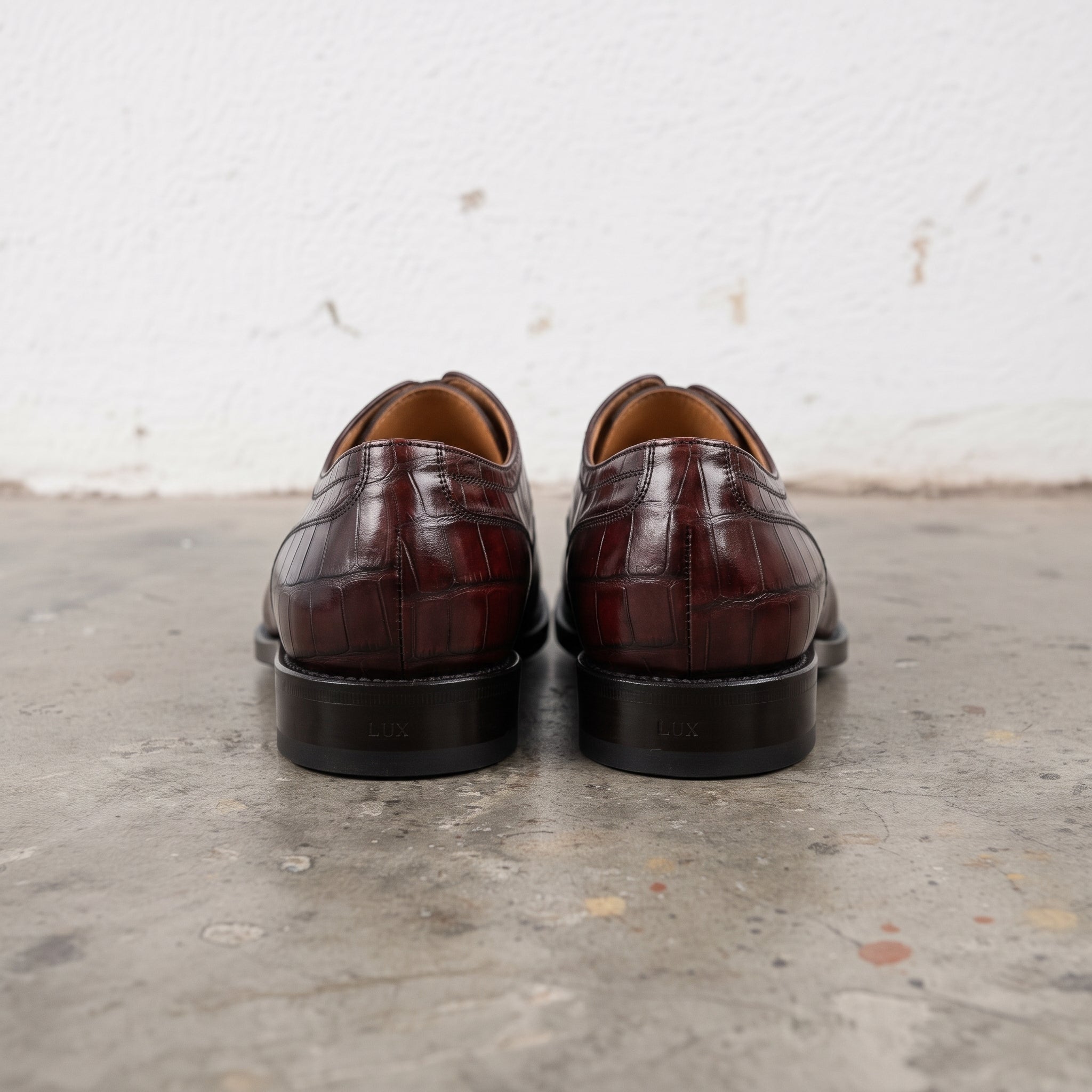 Men's Burgundy Cap-Toe Crocodile-Embossed Leather Oxfords — Bingley