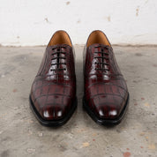 Men's Burgundy Cap-Toe Crocodile-Embossed Leather Oxfords — Bingley