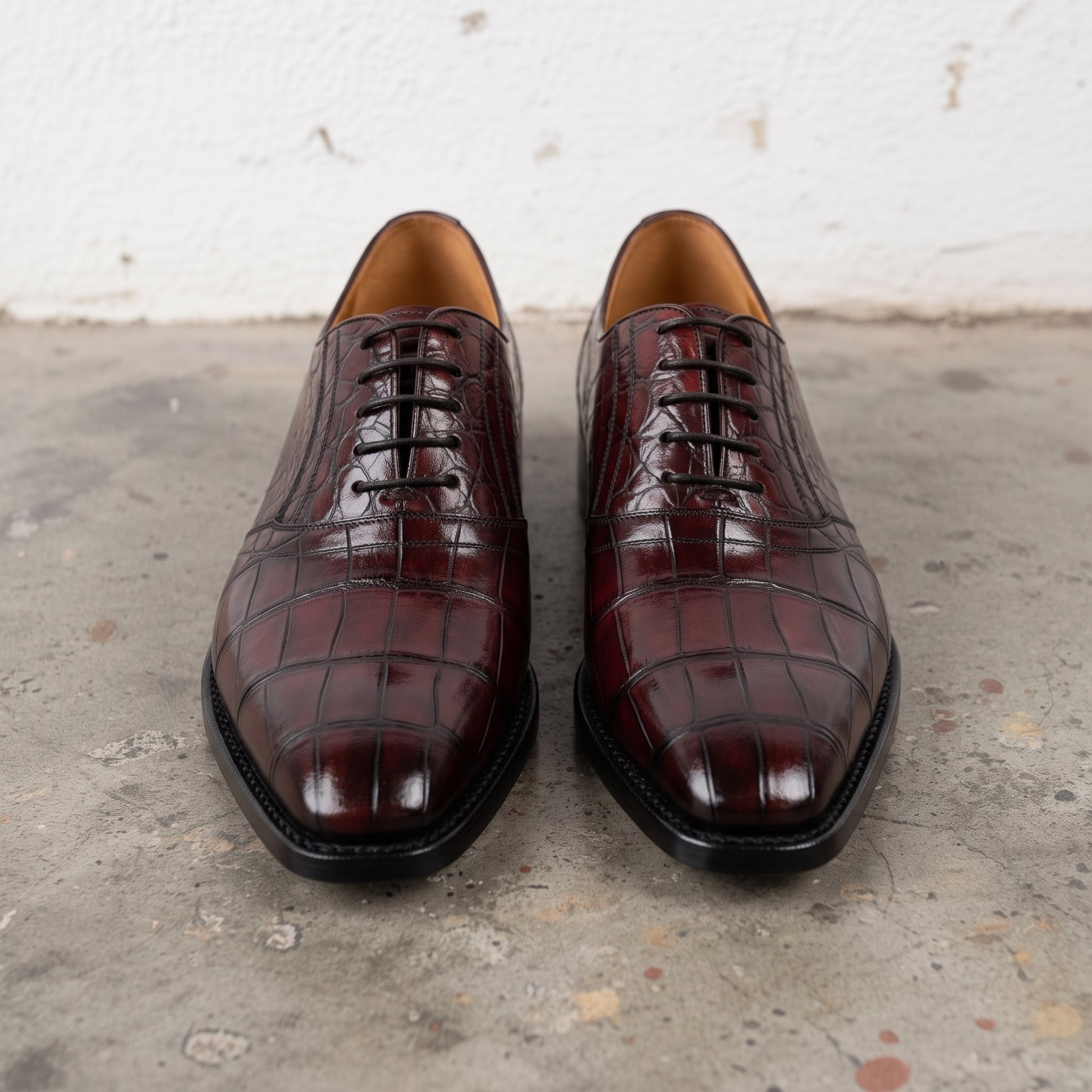 Men's Burgundy Cap-Toe Crocodile-Embossed Leather Oxfords — Bingley
