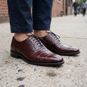 Men's Burgundy Cap-Toe Crocodile-Embossed Leather Oxfords — Bingley