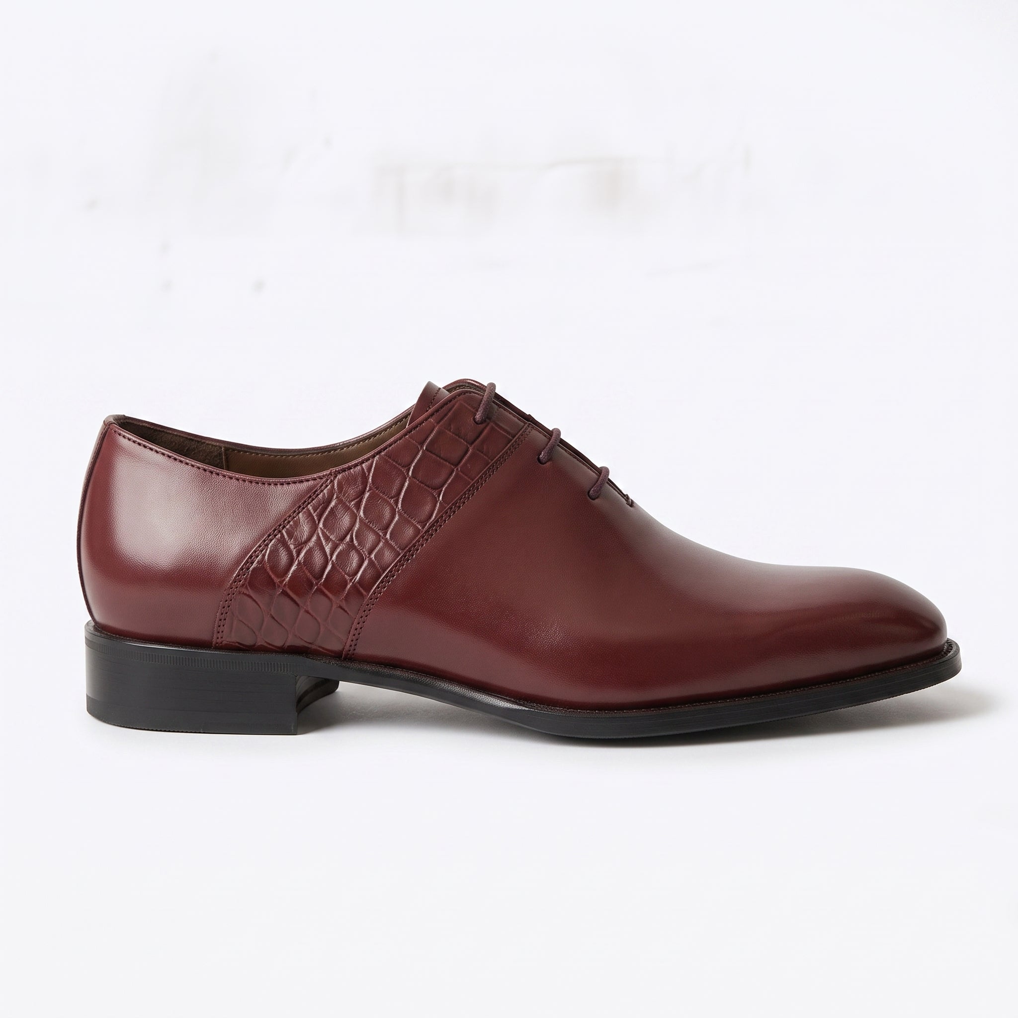 Men's Burgundy Plain-Toe Crocodile-Embossed Leather Oxfords — Esmond