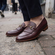 Men's Burgundy Apron-Toe Leather Kiltie Bit Loafers — Adney