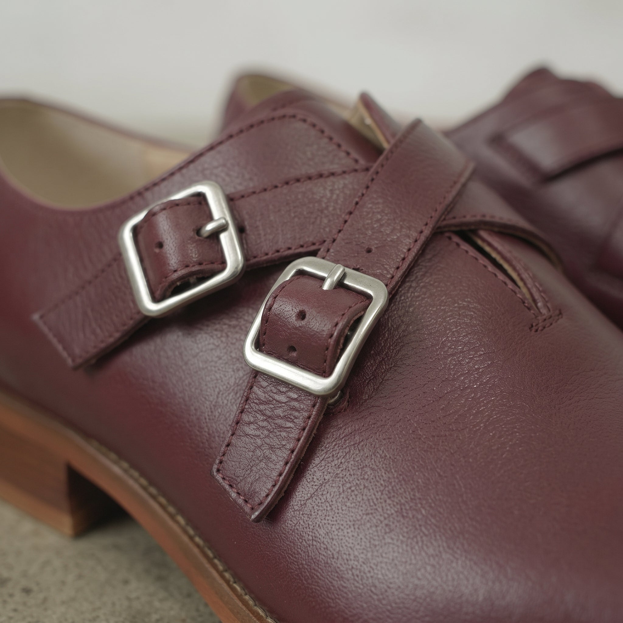 Men's Burgundy Plain-Toe Leather Double Monk Strap Shoes — Farlam