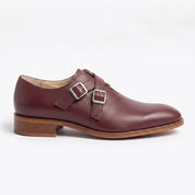 Men's Burgundy Plain-Toe Leather Double Monk Strap Shoes — Farlam