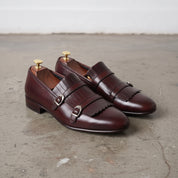 Men's Burgundy Plain-Toe Leather Double Monk Strap Shoes — Gailey