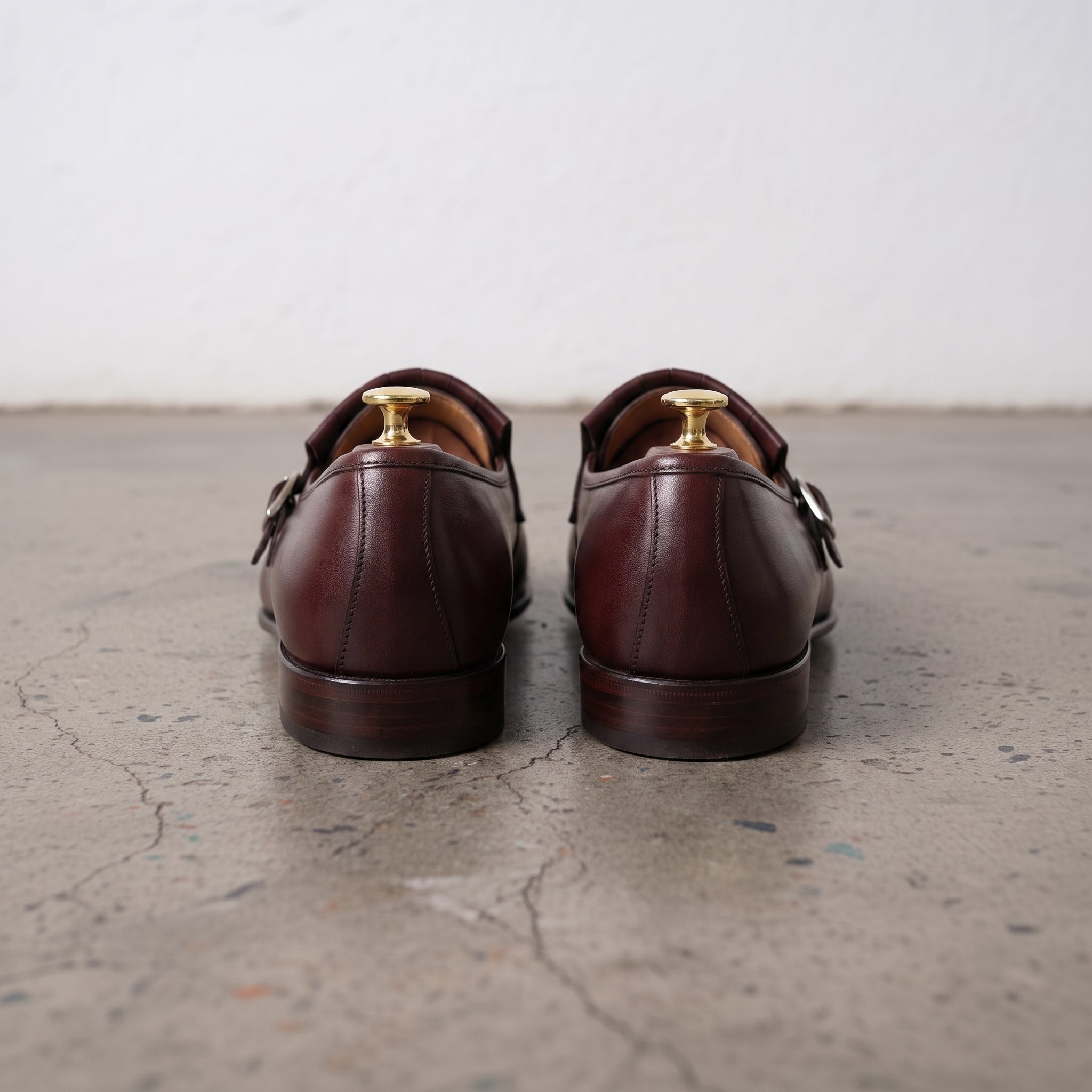 Men's Burgundy Plain-Toe Leather Double Monk Strap Shoes — Gailey