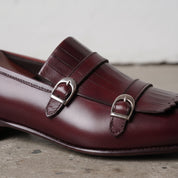Men's Burgundy Plain-Toe Leather Double Monk Strap Shoes — Gailey