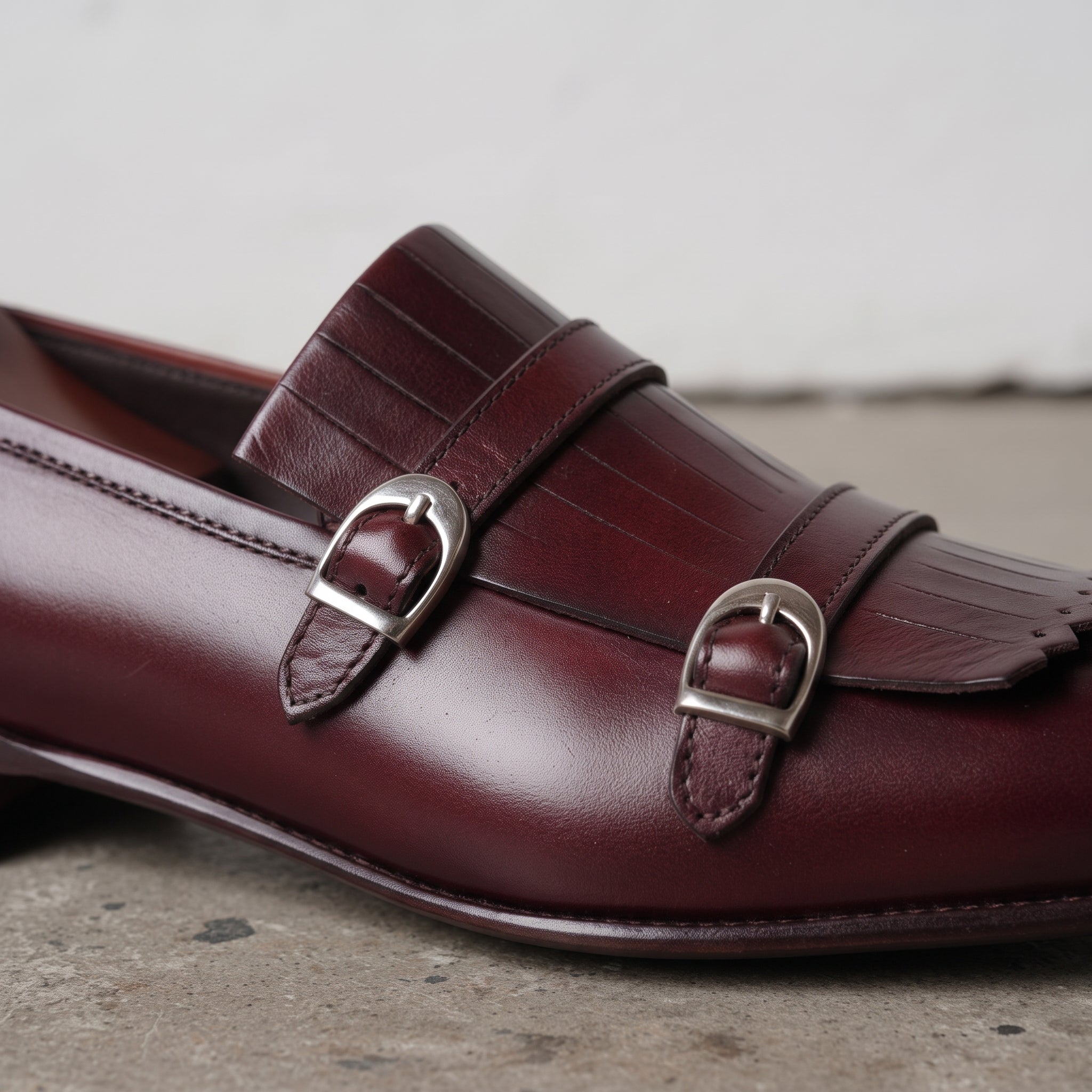 Men's Burgundy Plain-Toe Leather Double Monk Strap Shoes — Gailey