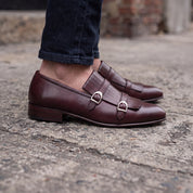 Men's Burgundy Plain-Toe Leather Double Monk Strap Shoes — Gailey