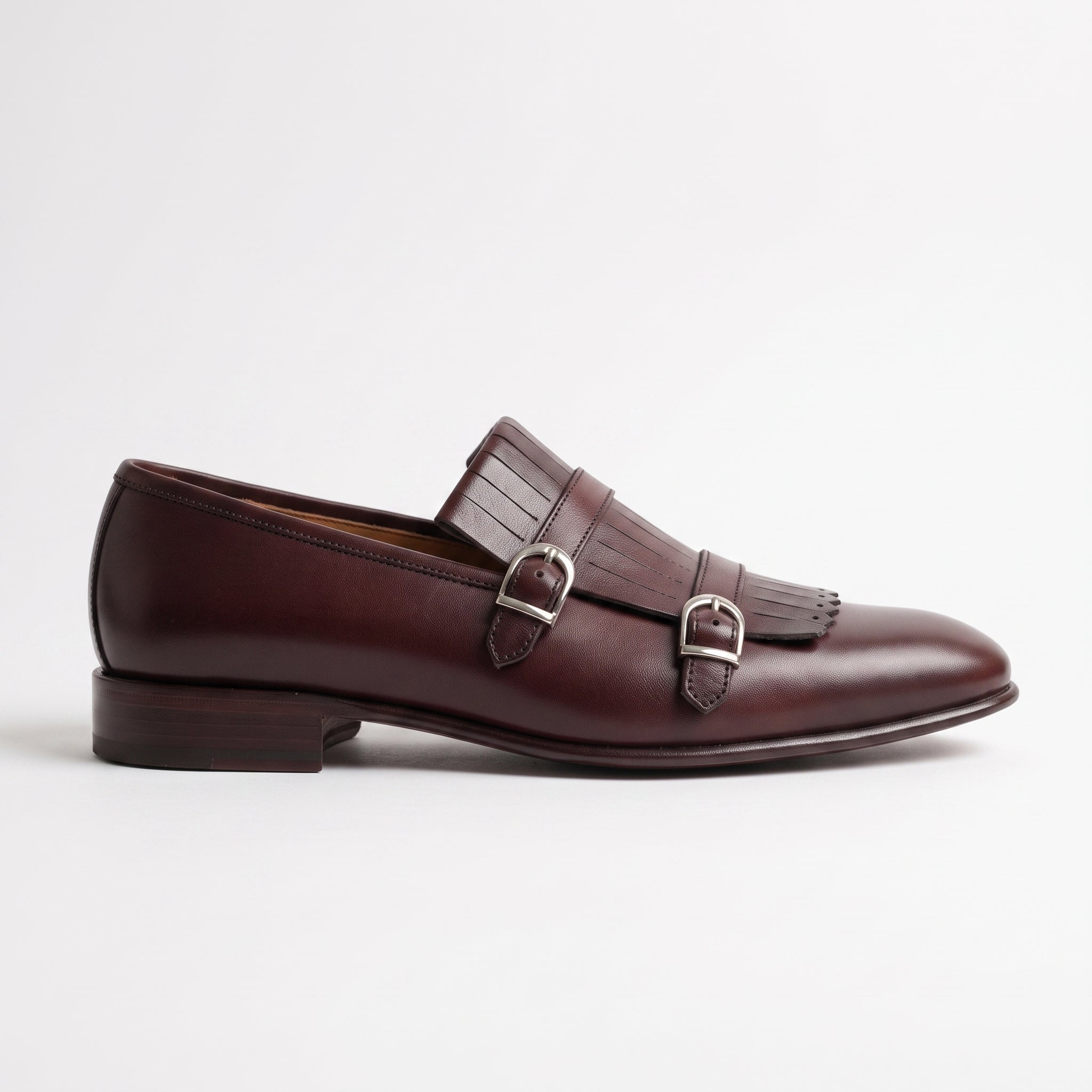 Men's Burgundy Plain-Toe Leather Double Monk Strap Shoes — Gailey
