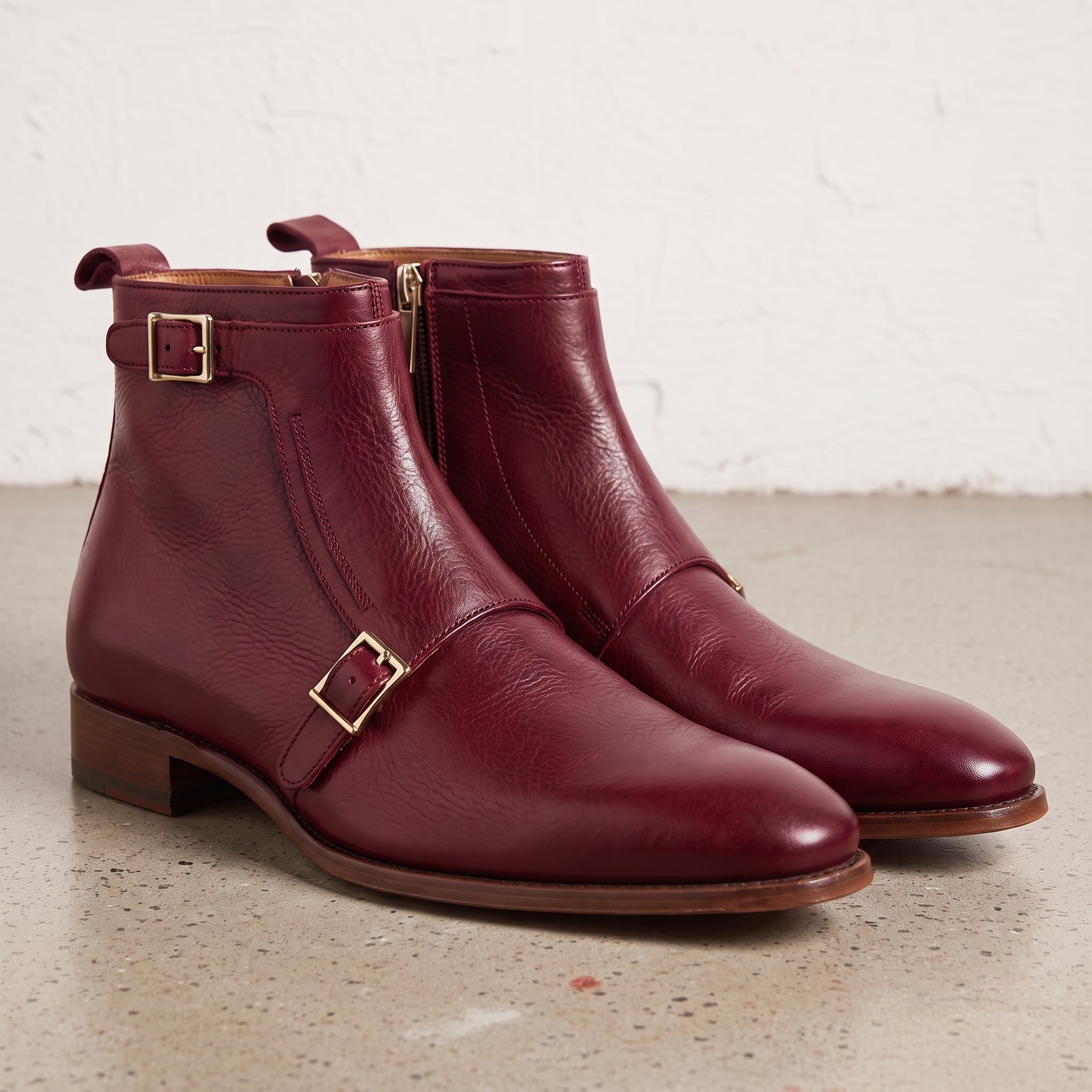 Men's Burgundy Plain-Toe Leather Double Monk Boots — Broomley