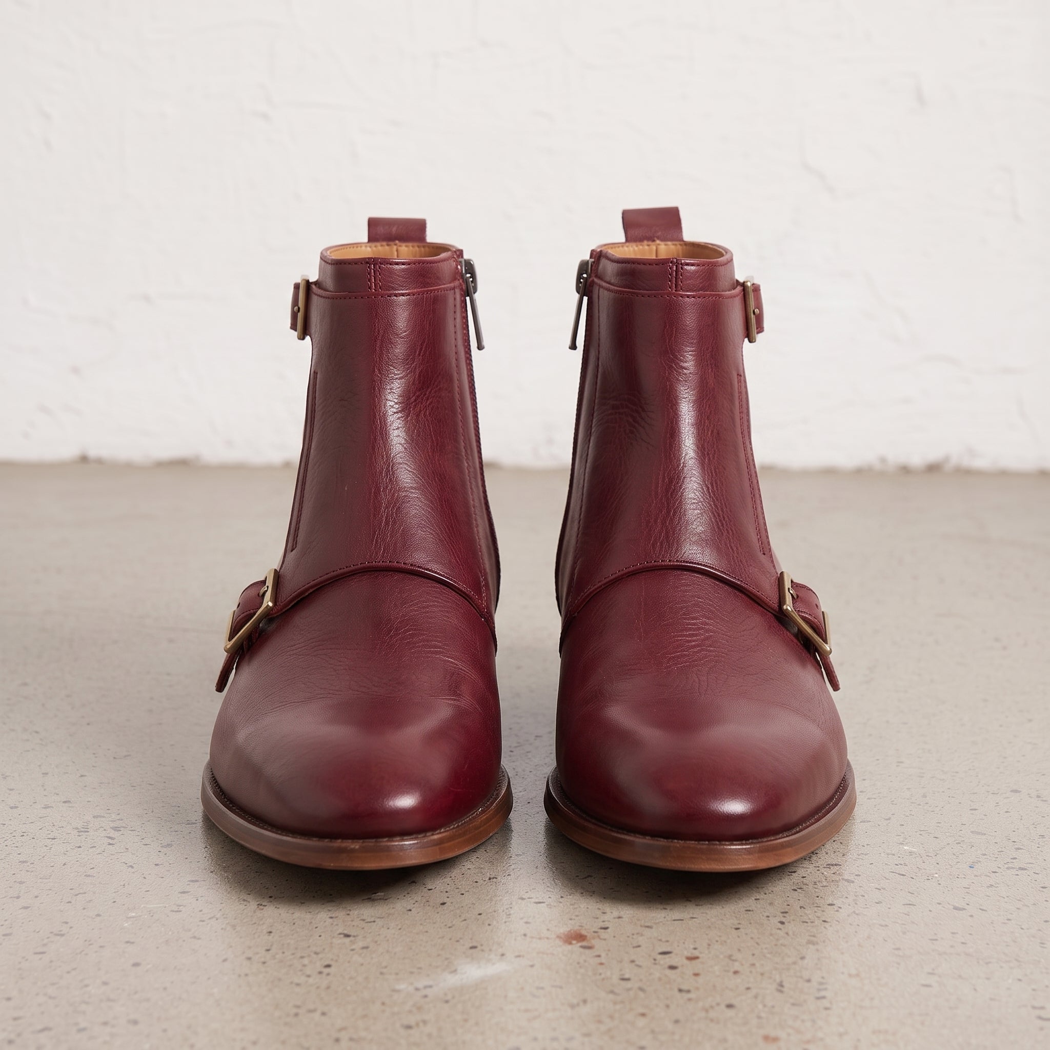 Men's Burgundy Plain-Toe Leather Double Monk Boots — Broomley