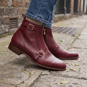 Men's Burgundy Plain-Toe Leather Double Monk Boots — Broomley