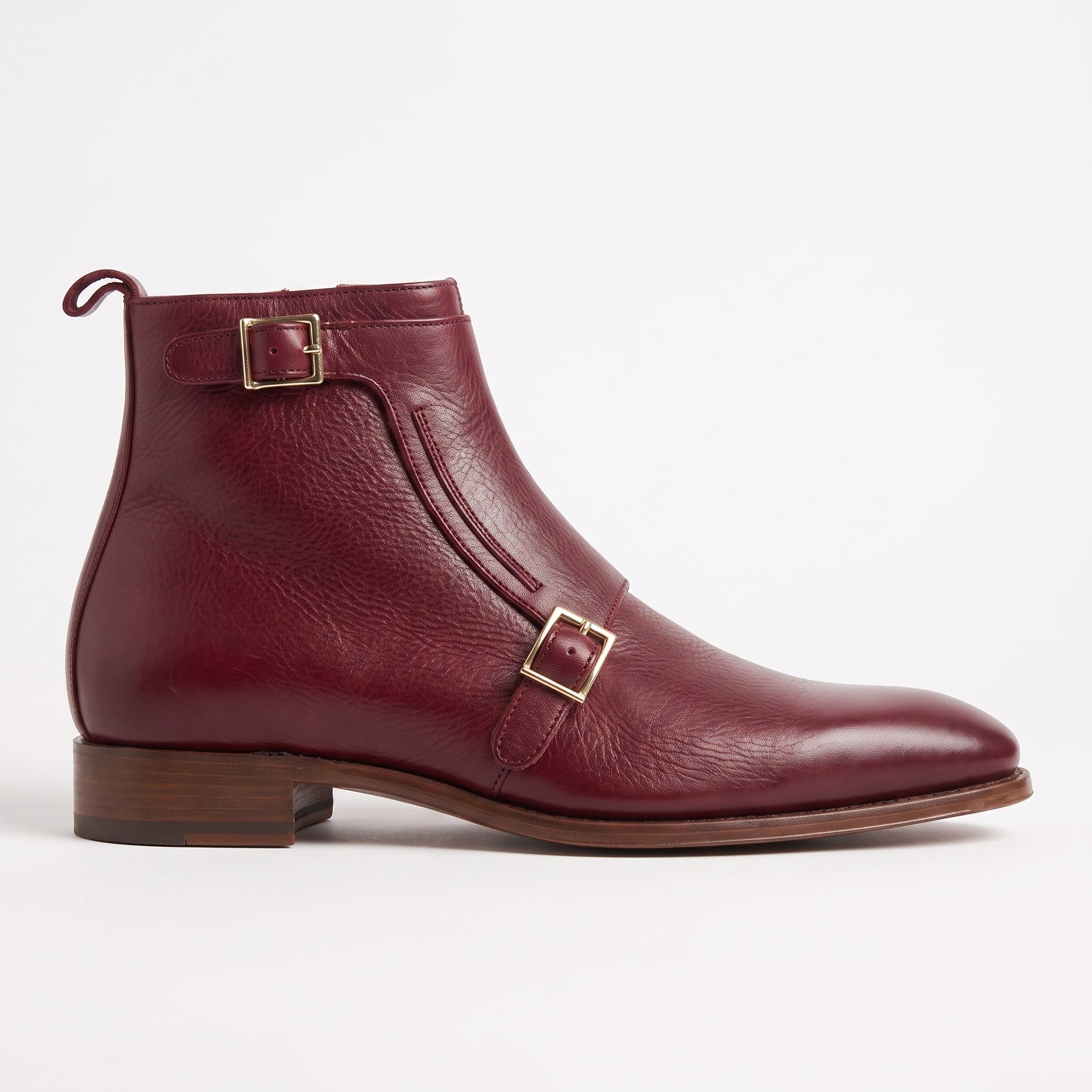 Men's Burgundy Plain-Toe Leather Double Monk Boots — Broomley