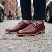Men's Burgundy Plain-Toe Leather Monk Strap Shoes — Attley
