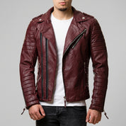 Men's Burgundy Quilted Leather Biker Jacket — Berwick