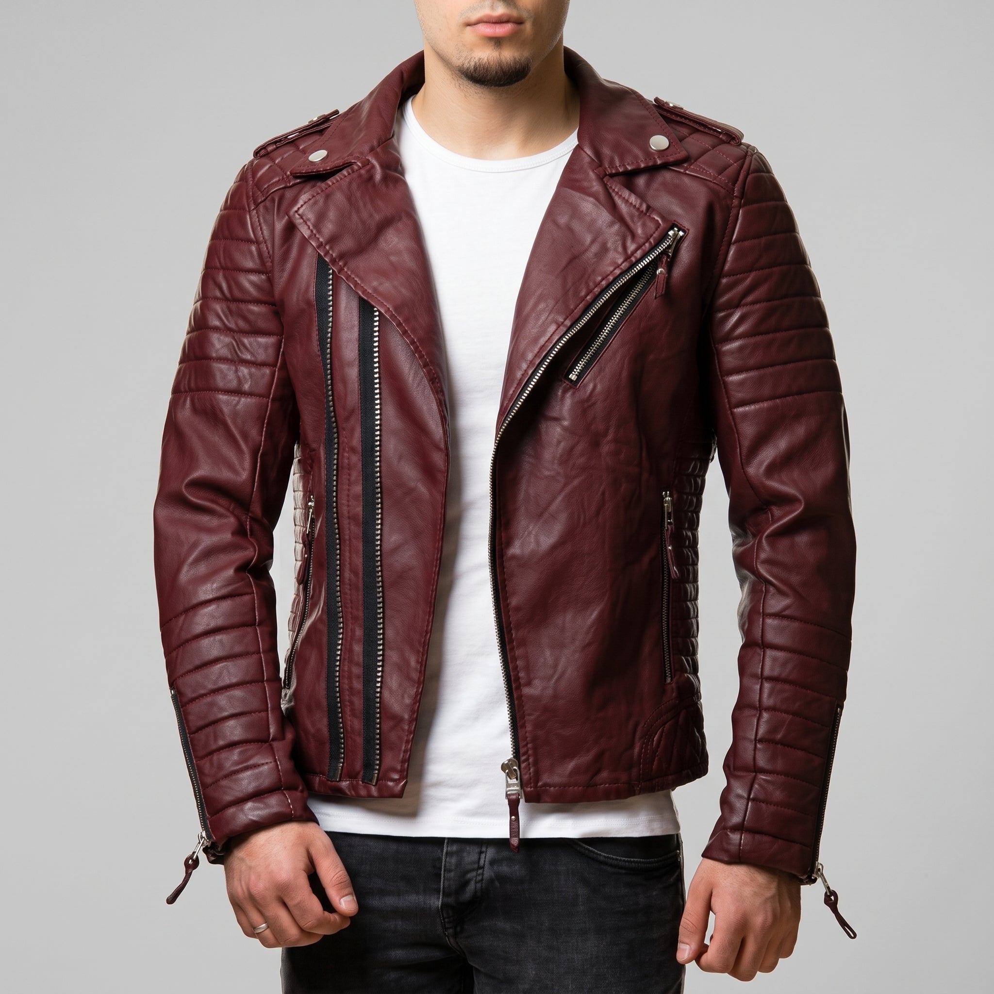 Men's Burgundy Quilted Leather Biker Jacket — Berwick