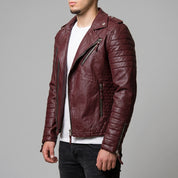 Men's Burgundy Quilted Leather Biker Jacket — Berwick
