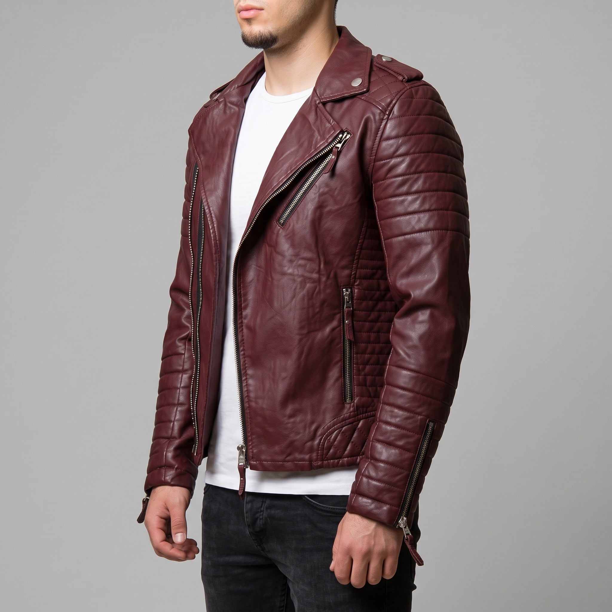 Men's Burgundy Quilted Leather Biker Jacket — Berwick