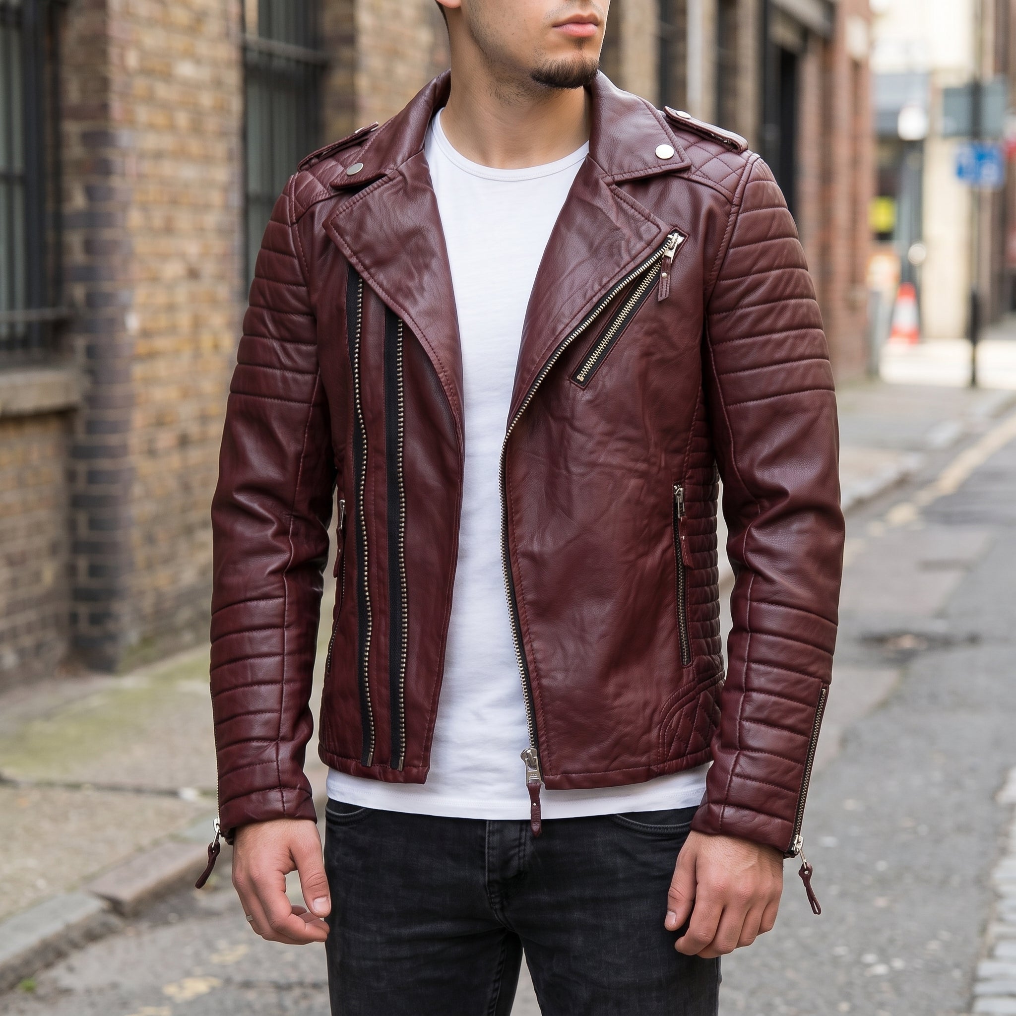 Men's Burgundy Quilted Leather Biker Jacket — Berwick
