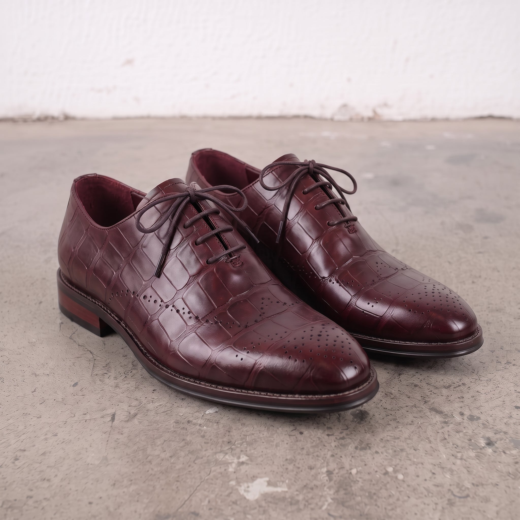 Men's Burgundy Semi-Brogue Crocodile-Embossed Leather Oxfords — Eshton