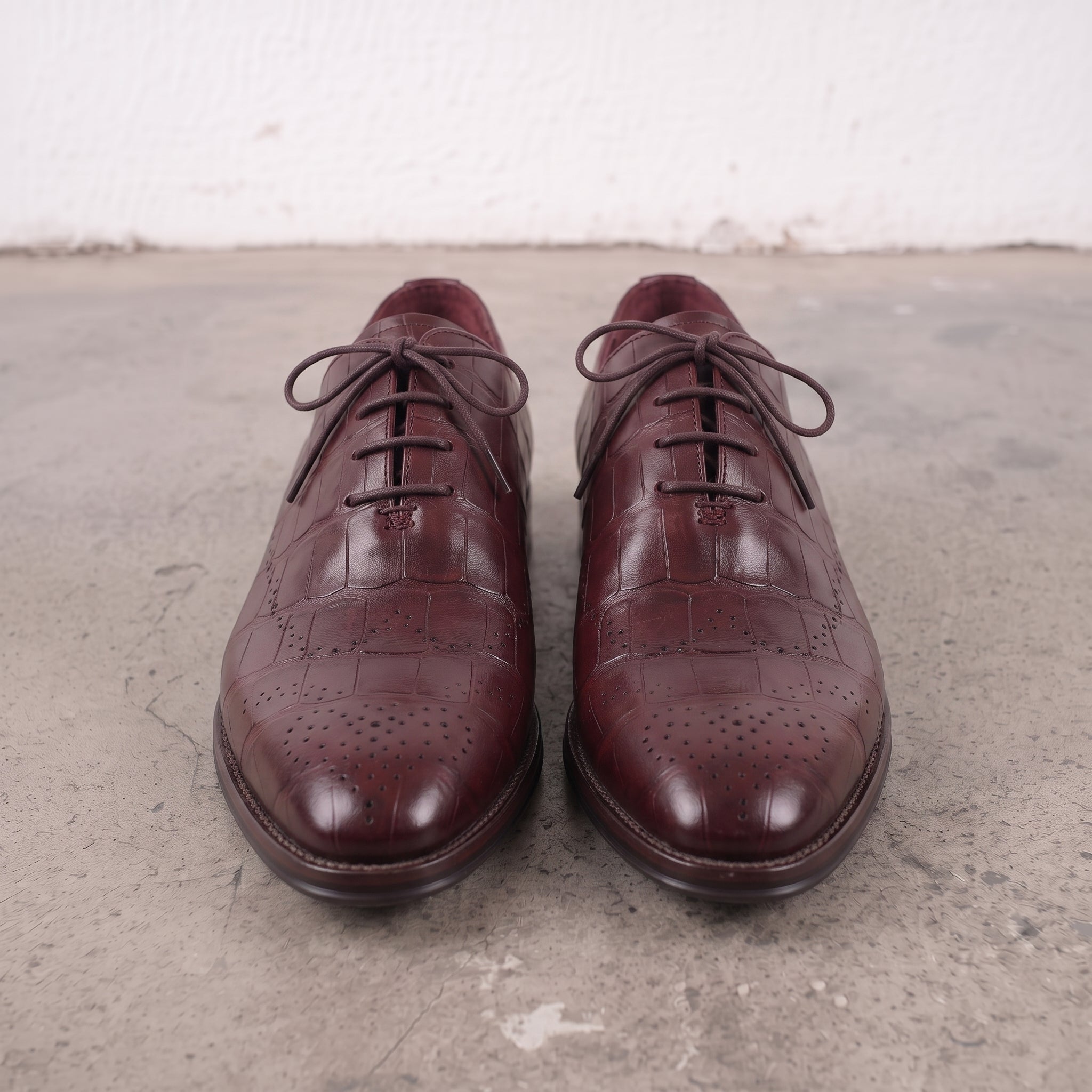 Men's Burgundy Semi-Brogue Crocodile-Embossed Leather Oxfords — Eshton