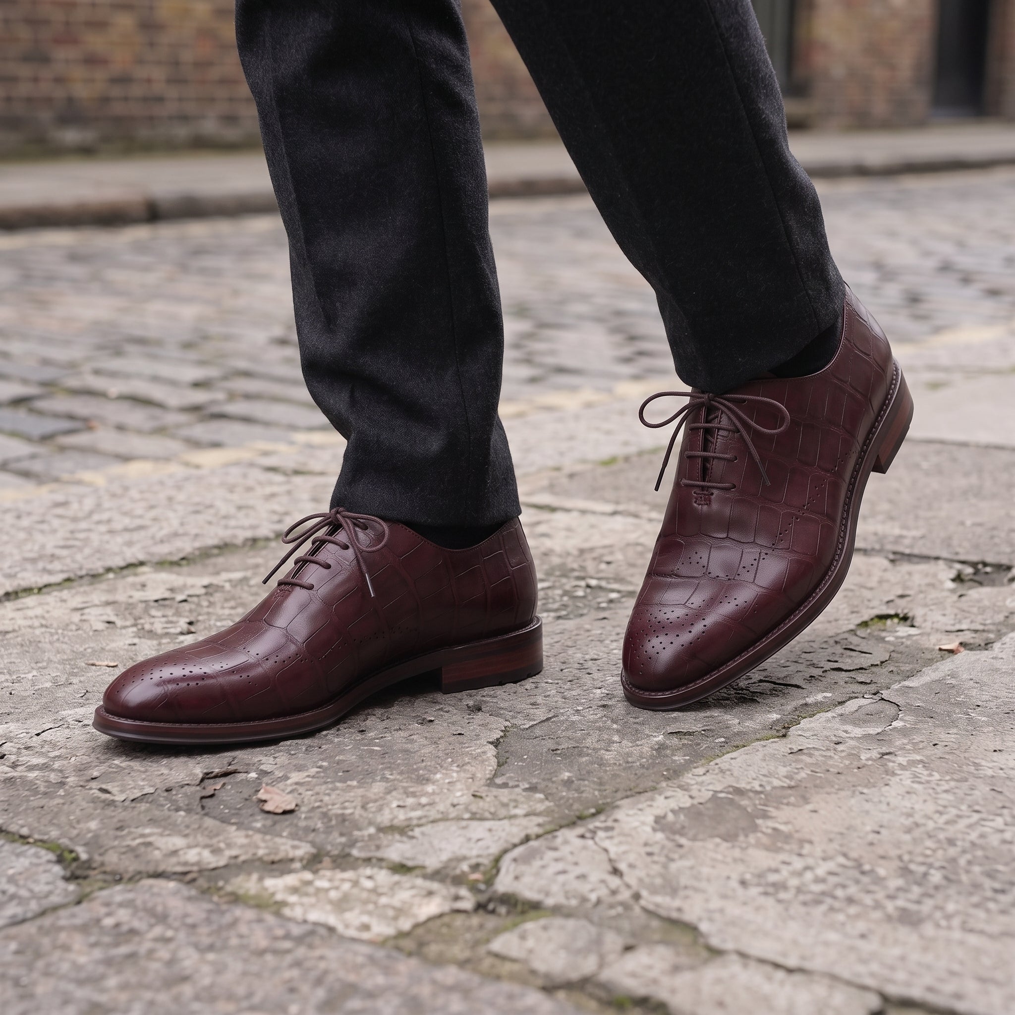 Men's Burgundy Semi-Brogue Crocodile-Embossed Leather Oxfords — Eshton