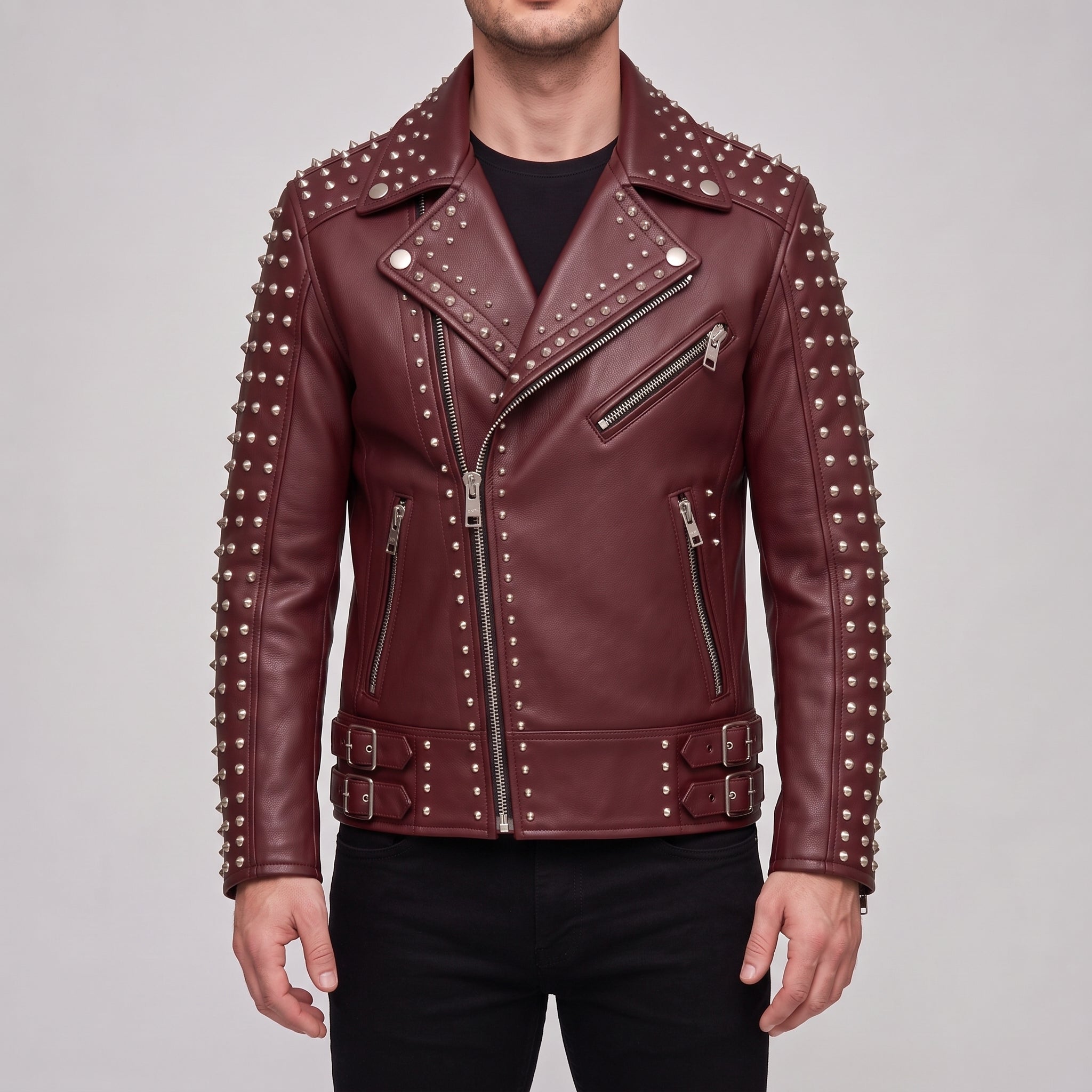 Men's Burgundy Studded Leather Biker Jacket — Acwood