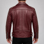 Men's Burgundy Studded Leather Biker Jacket — Acwood