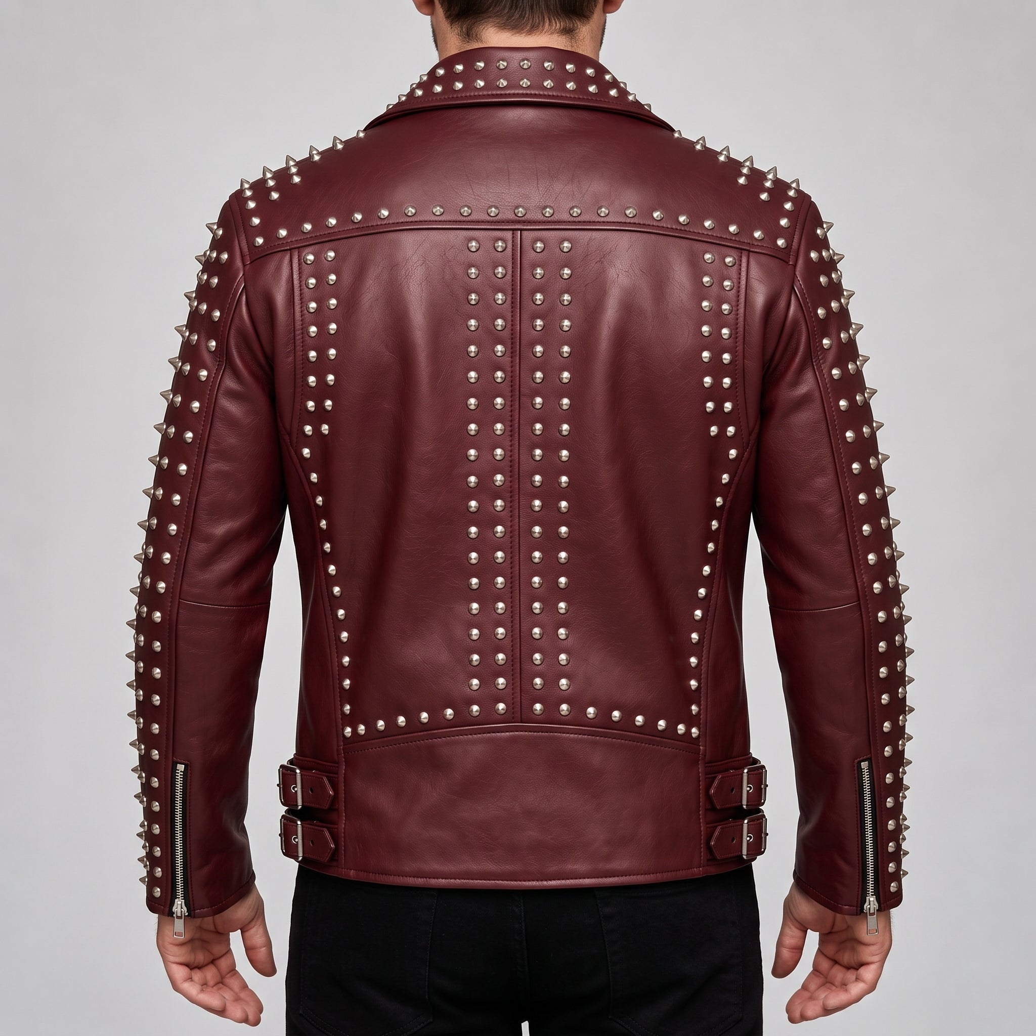 Men's Burgundy Studded Leather Biker Jacket — Acwood