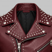 Men's Burgundy Studded Leather Biker Jacket — Acwood