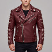 Men's Burgundy Studded Leather Biker Jacket — Acwood