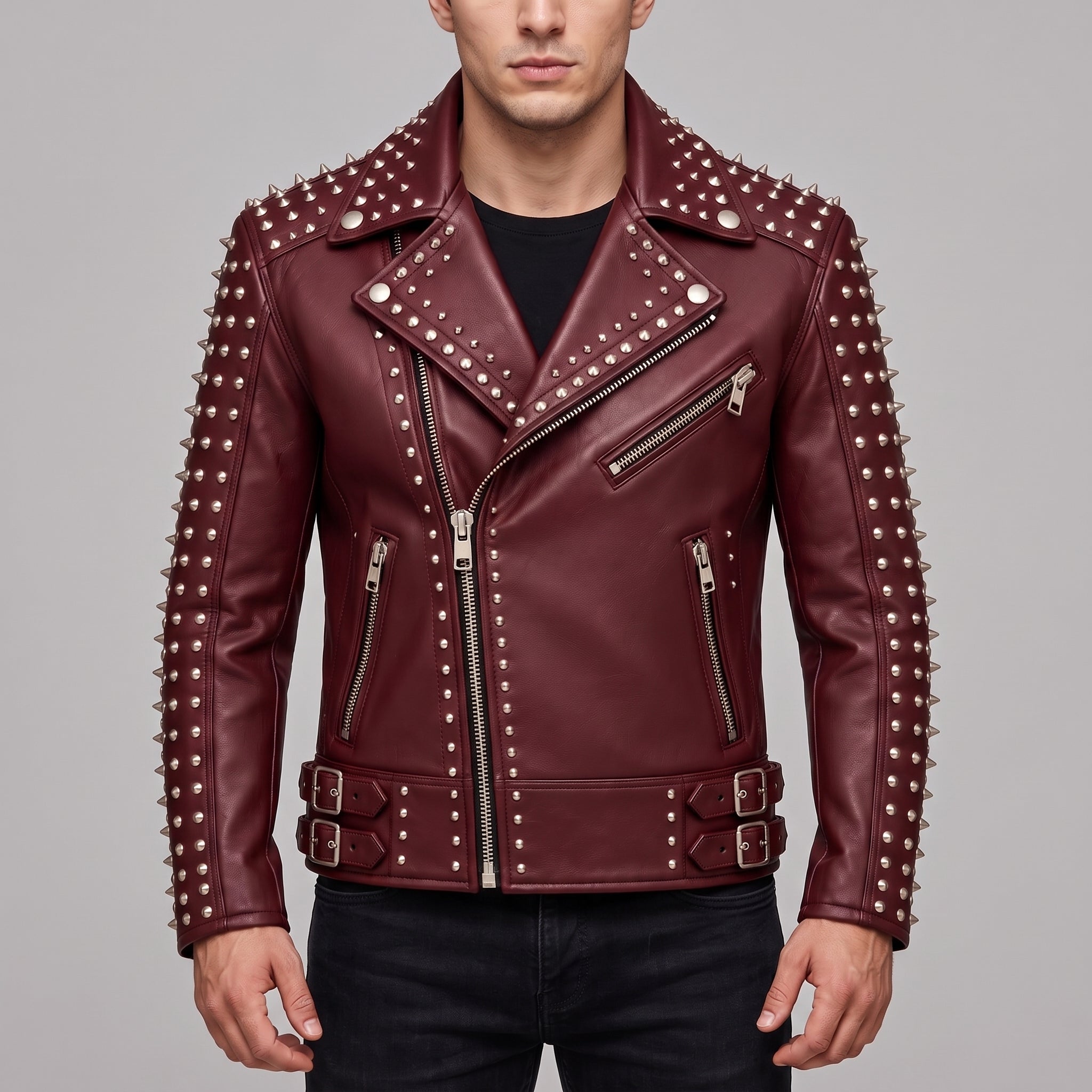 Men's Burgundy Studded Leather Biker Jacket — Acwood